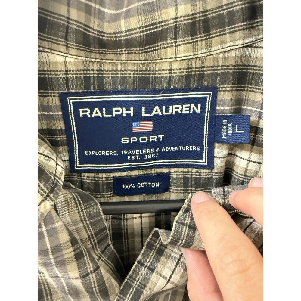 Ralph Lauren Sport Men's L Plaid Button-Down Shirt Gray Beige Cotton - Picture 2 of 5